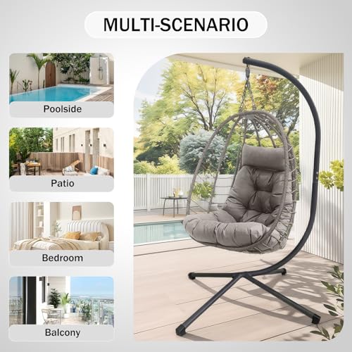 XLRUISEN Hanging Egg Chair with Stand, Outdoor Indoor Rattan Wicker Swing Chair, Foldable Patio Hammock with Cushion, Dark Grey, 350 LBS Capacity (Light Grey) XLRUISEN