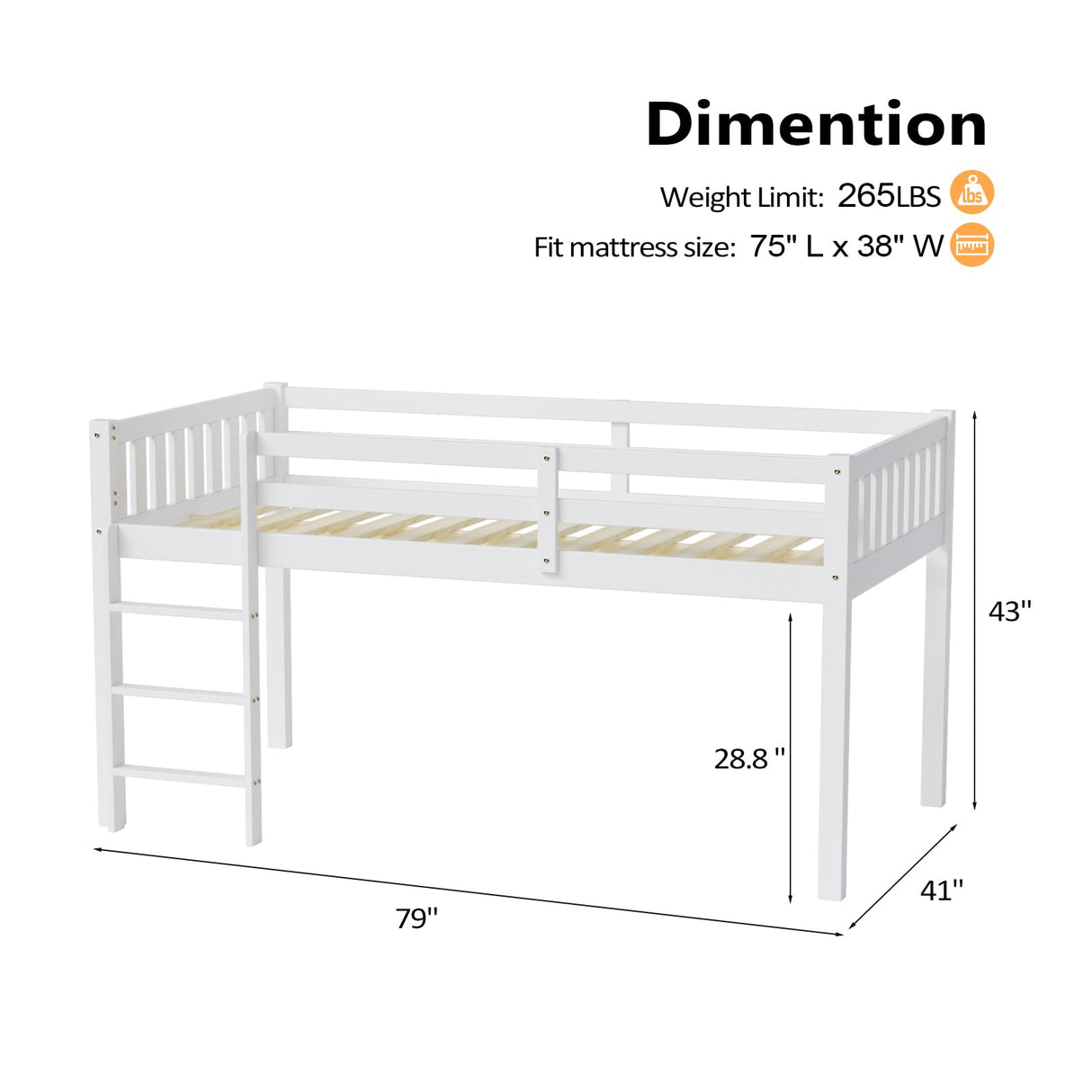 JOYMOR Twin Loft Bed Low Loft Bed Frame for Little Kids Small Room/Low Ceiling Bedrrom with Guardrail and Ladder, White JOYMOR