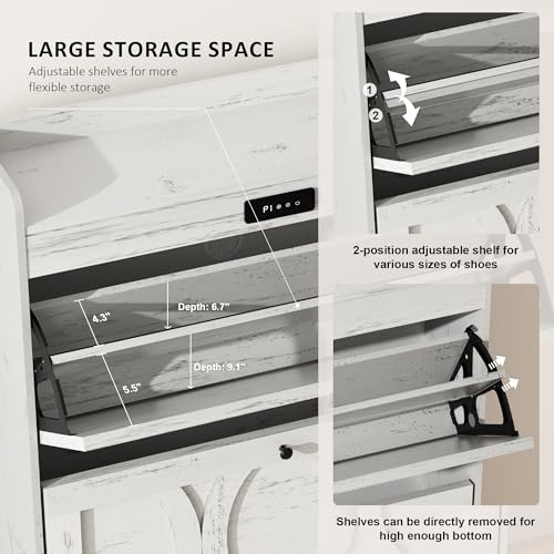 VFF Deodorizing Storage 2 Flip Drawers, LED Touchscreen Freestanding Organizer with Wooden Leg, Narrow Shoe Rack Cabinet for Hallway, Bedroom and Entryway, 31.5 x 9.5 x 41.57 inches, Rustic White VFF