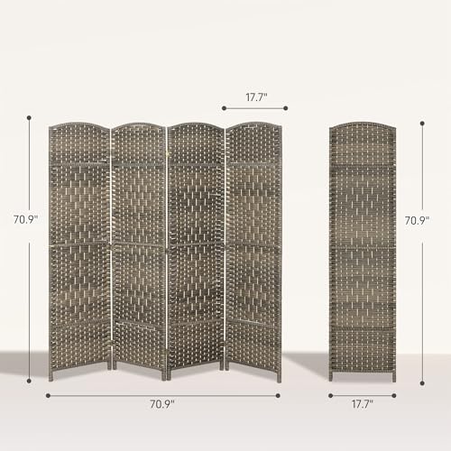 HOMCOM 4 Panel Room Divider, 6' Tall Folding Privacy Screen, Woven Freestanding Wall Partition for Home Office, Bedroom, Dark Rustic Oak HOMCOM