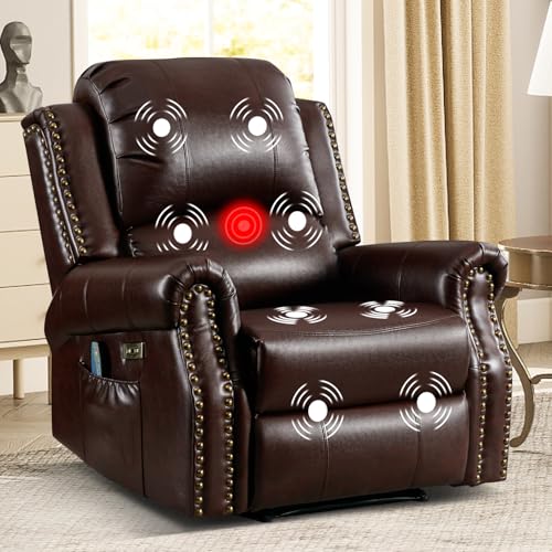 EBELLO Power Recliner Chair with Massage and Heat, Faux Leather Electric Massage Reclining Chair for Adults with Overstuffed Backrest and Side Pocket, Single Sofa for Living Room, Red Brown