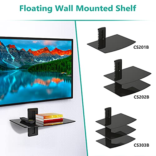 WALI Floating Entertainment Center Shelves, Holds Up to 17.6lbs, TV Shelf with Strengthened Tempered Glasses for DVD Players, Cable Boxes, Games Consoles, TV Accessories (CS201B), 1 Shelf, Black WALI