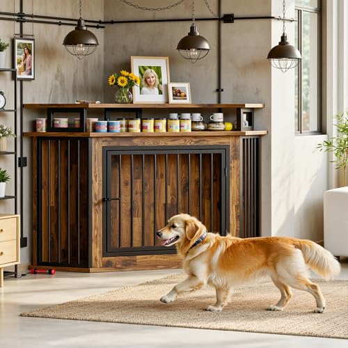IRONCK 51" Corner Wooden Dog Crate Furniture with 2-Tier Shelves, Pet Kennel for Large Dogs, Space-Saving Dog Cage for TV Stand, Rustic Brown (26.7" L x 51.2" W x 33.5" H) IRONCK
