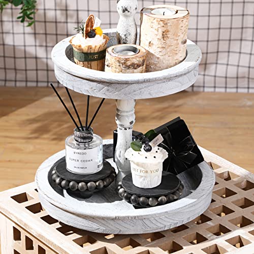 2 Pcs Wooden Risers for Displays Round Wood Riser Distressed Wood Risers Farmhouse Pedestal Display Stand Rustic Pedestal Stand Decor Beaded Display Risers for Tiered Trays Home (Black, 3.94 Inch) Yookeer