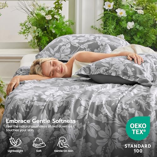 Joiedomi Queen Comforter Set Grey, 3 Pieces Floral Queen Bedding Set with 1 Soft Reversible Botanical Flower Comforter and 2 Pillow Shams, Bed in a Bag for All Seasons Joiedomi