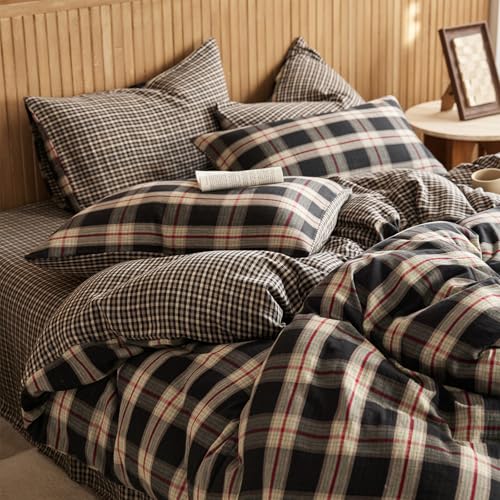 EAVD Vintage Red&Black Plaid Duvet Cover Queen Soft 100% Muslin Cotton Retro Grid Checkered Bedding Set with 2 Pillowcases Reversible Gingham Duvet Cover with Zipper Closure EAVD