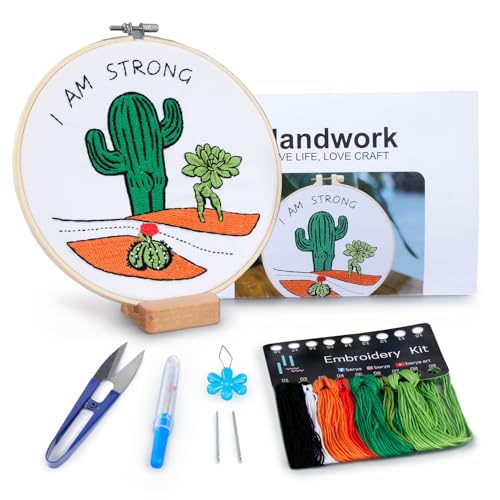 BERYA Funny Cactus Embroidery Kit with Embroidery Hoop, Easy Embroidery Kit for Beginners, Include Instructions, Display Stand, Printed Cloth, Threads and Tools - with Video Tutorials (BEC004)
