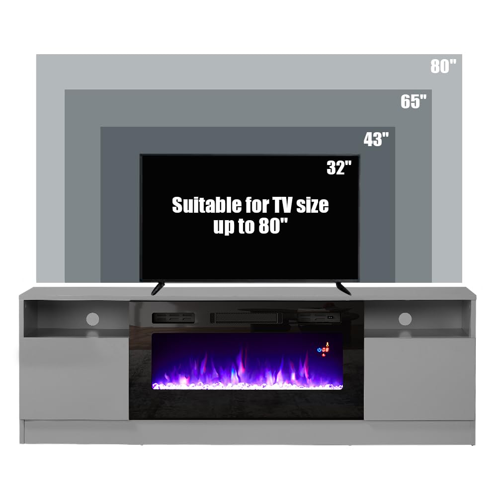 AMERLIFE TV Stand with Fireplace, LED Light Entertainment Center with 36" Electric Fireplace, 70" Modern Wood Entertainment Stand with Highlight Storage Cabinet for TVs up to 80", Grey AMERLIFE