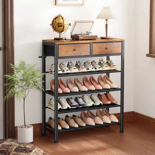 Kitstorack Shoe Rack, 5 Tier Shoe Organizer for 12-16 Pairs of Shoes, with 2 Drawers, 3 Fabric Shelves and Wooden Top, Shoe Rack for Closet Entryway, Rustic Brown Kitstorack