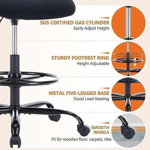 NEWBULIG Drafting Chair - Counter Height Adjustable Tall Office Desk Chair with Fixed Armrests and Comfortable Lumbar Support for Standing Desk, Deep Black NEWBULIG