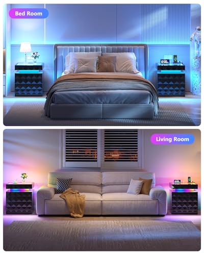 Dystler Night Stand with Charging Station and RGB Lights, LED Nightstand with Tempered Glass and Sliding Top, 3 Drawers Bedside Table with Hidden Storage, Lockable End Side Table for Bedroom, Black Dystler