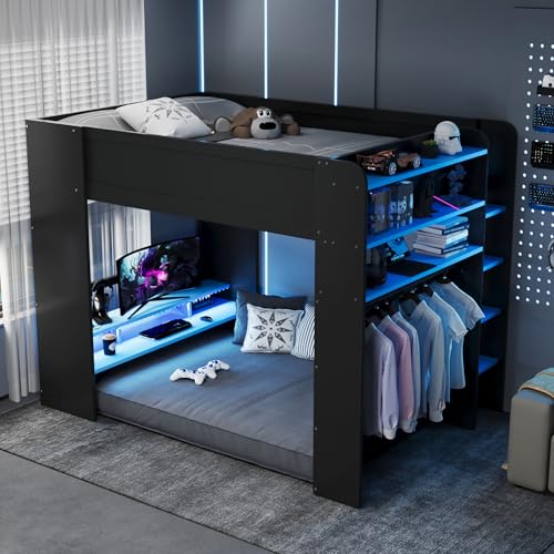 Merax Full Size Gaming Loft Bed with Height-Adjustable Desk, Wardrobe, Ample Storage Space and RGB Light, Solid Wood Bunk Bed Frame for Bedroom, No Box Spring Needed, Blue Merax