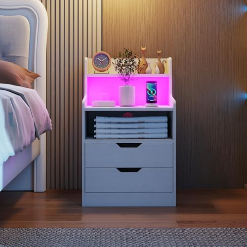Giantex LED Night Stand with Charging Station, End Side Table w/Open Shelves, 2 Storage Drawers, Cable Holes, Nightstand w/Adjustable Light Color & Mode, Modern Bedside Table for Bedroom (1, White) Giantex