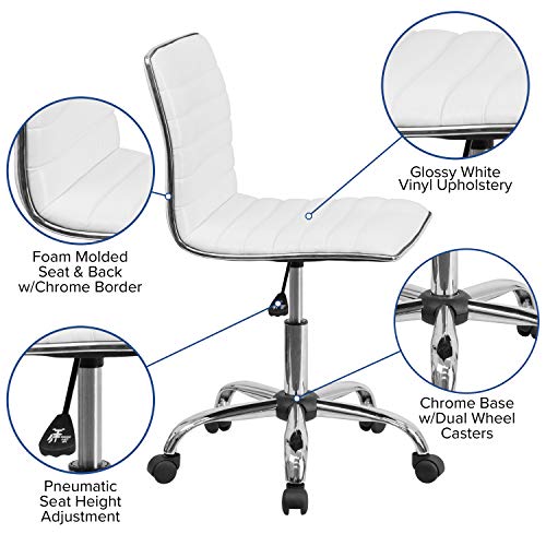 Flash Furniture Alan Low-Back Ribbed Upholstered Vinyl Swivel Desk Chair with Padded Seat, Modern Adjustable Height Padded Office Chair, White Flash Furniture