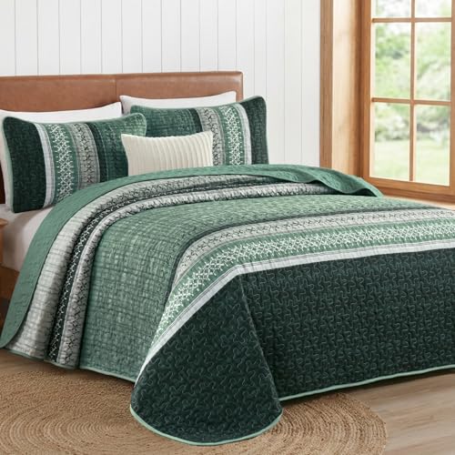 Menghomeus Quilt Queen Size, Green Patchwork Striped Quilt Set 3 Pieces, Soft Lightweight Bedspread Coverlet Bedding Set for All Season 96"x90" Menghomeus