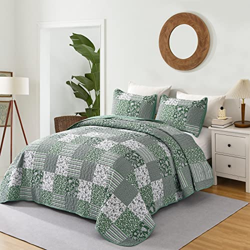 Mybedsoul Sage Green Boho King Quilt Set, 3-Piece Reversible Soft Plaid Floral Bedding Set with 2 Pillow Shams - Sage Green King Size Quilt Bedspread Coverlet Set 90"x104" Mybedsoul