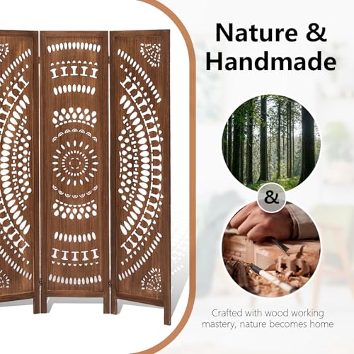 Aletheiawu Room Divider Panel, 6 Panel Boho Room Divider Wall, Wood Room Dividers and Folding Privacy Screens, Boho Room Partitions and Dividers for Bedroom, Dark Brown Aletheiawu