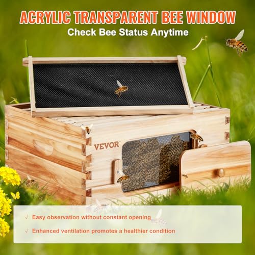 VEVOR Bee Hive Deep Box Starter Kit, 100% Beeswax Coated Natural Cedar Wood, Langstroth Beehive Kit with 10 Frames and Foundations, Transparent Acrylic Bee Windows for Beginners and Pro Beekeepers VEVOR