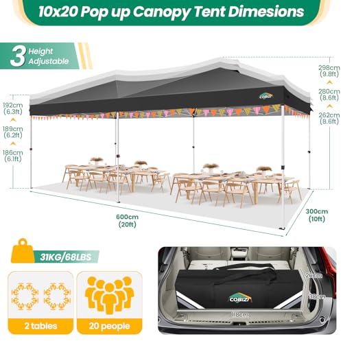 COBIZI Canopy 10x20 Pop Up Canopy Tent with 6 Sidewalls, One Push Party Tents for Parties Outdoor Wedding Waterproof Gazebo Commercial Event Tent with Sandbags, Black COBIZI