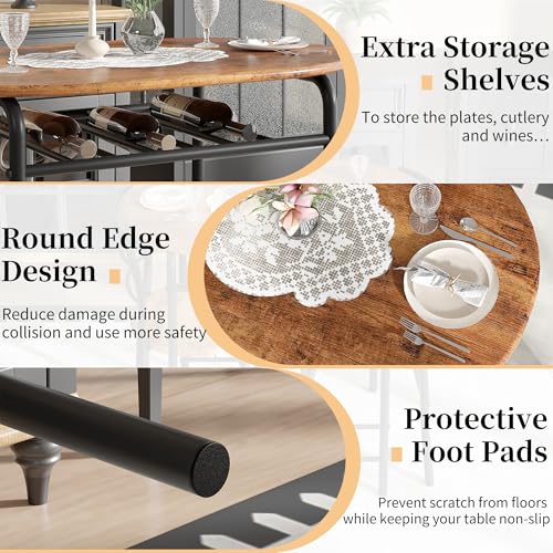 VECELO 3-Piece Dining Table Set for Kitchen Breakfast Nook, Wood Grain Oval Tabletop and Metal Frame with Built-in Wine Rack, for Small Spaces, Antique Brown & Black VECELO