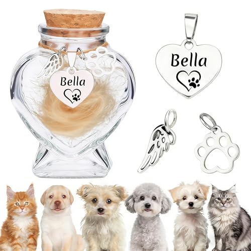 Custom Pet Fur Keepsake, Dog Fur Keepsake, Personalized Pet Hair Memorial Keepsake Bottle, Dog Hair Keepsake with Engraved Name Text Icon for Fur, Whiskers or Ashes (Heart)