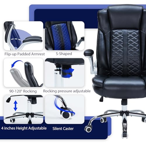 400lbs Executive Office Chair with Flip-Up Armrests, Big and Tall Computer Chair for Heavy People, Heavy Duty Ergonomic Comfy Chair, Breathable PU Leather (Black) HESL