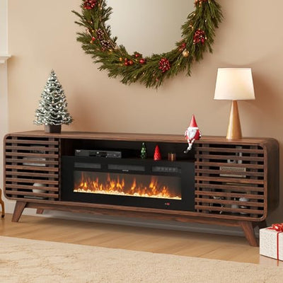 Breezestival 36" Electric Fireplace TV Stand for 80" TVs, Mid Century Modern Walnut Console with LED Lights & Sliding Doors