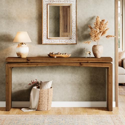 TRIBEWOOD Solid Wood Console Table, 63-Inch Long Farmhouse Sofa Table Behind Couch for Entryway, Living Room, Foyer, Easy Assembly, Brown TRIBEWOOD