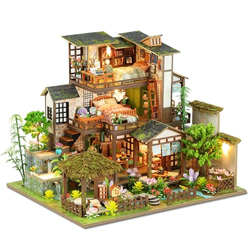 ISSEVE DIY Miniature House Kit, Tiny House Dollhouse Kit for Adults, Mini House Building Kits, Miniature Kit Adult Craft Diorama Kit Home Bookshelf Decoration, Birthday Gifts (Bamboo Spring Courtyard)