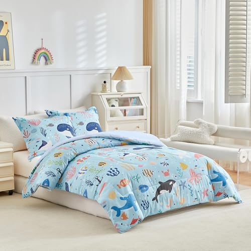 Joyreap 3pcs Cotton Twin Size Comforter Set for Kids, World of The Sea Theme Blue Design, Soft n Cozy Bedding Comforter for All Season- 68x88 inches Joyreap