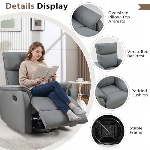 HAOMARKETS Swivel Rocker Recliner Chair, Manual Faux Leather Glider Rocking Recliners for Adults, 360° Swivel Nursery Reclining Sofa with Padded Backrest for Living Room, Grey