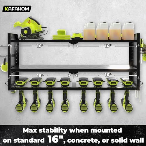 KAFAHOM Power Tool Organizer,Large 8 Drill Holder Wall Mount with 2 Side Pegboards,Metal Tool Shelf with 12 Hooks,Storage Rack for Garage KAFAHOM