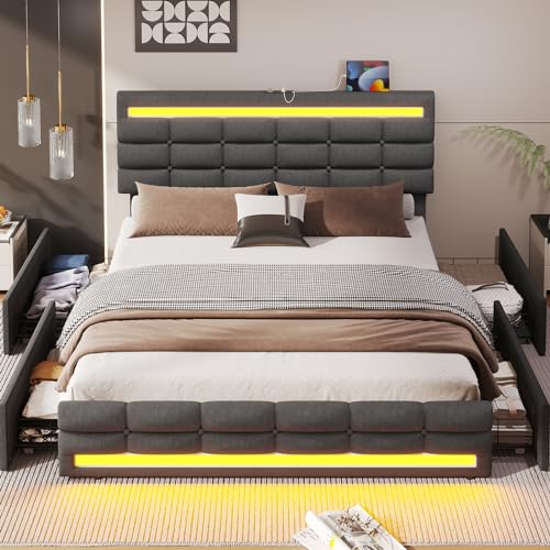 ADORNEVE Dark Grey Queen LED Bed Frame with 4 Drawers & USB Charging Station ADORNEVE