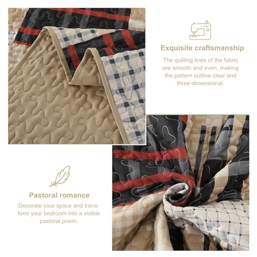 Annibedding Quilt Set Queen Size, Red-Brown Plaid Striped Bedspread Coverlet Set,Soft Microfiber Reversible Lightweight Bedding Cover for All Season(Queen,96"x90") Anibedding