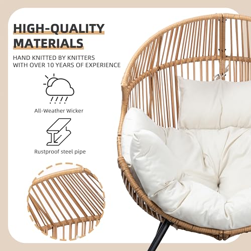 JAMFLY Egg Chair Wicker Outdoor Chairs, Oversized Patio Chair Oversized Lounger Chair with Cushion for Indoor Living Room, Bedroom, Outside Patio Backyard Balcony, Creamy White