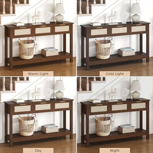 Luoxiao Console Table for Entryway with 3 Rattan Drawers Boho Entry Table with Storage Open Shelf, Narrow Long Sofa Tables for Living Room, Hallway, Foyer, Couch, Front Door, Walnut, 47 Inch Luoxiao
