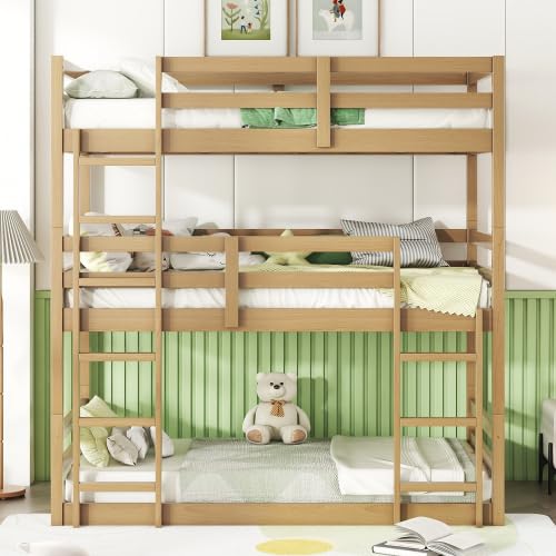 PVWIIK Triple Bunk Bed with Built-in Ladders & Guardrails for Kids' Bedroom, Bunk Bed w/Detachable Twin Bunk Bed for Dorm, Guest Room, No Box Spring Needed, Easy Assembly, Oak PVWIIK
