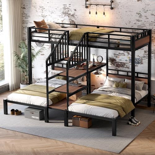 Bellemave Twin Over Twin Over Twin Bunk Bed with Shelf and Storage Stairs, Heavy Duty Triple Bunk Beds with Safety Guardrails, Metal Triple Bunk Bed Frame for 3 Kids, Teens, Black Bellemave