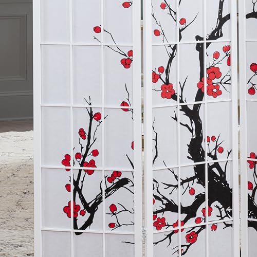 Roundhill Furniture White Japanese 4-Panel Screen Room Divider, Plum Blossom Roundhill Furniture
