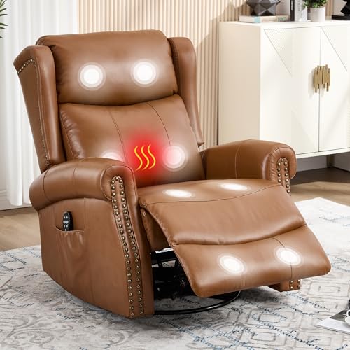 Genuine Leather Recliner Chair for Adults, Manual Swivel Rocker Glider Rocking Chair with Vibration Massage Lumbar Heat for Nursery, Rivet Design Single Sofa Chair for Living Room - Brown