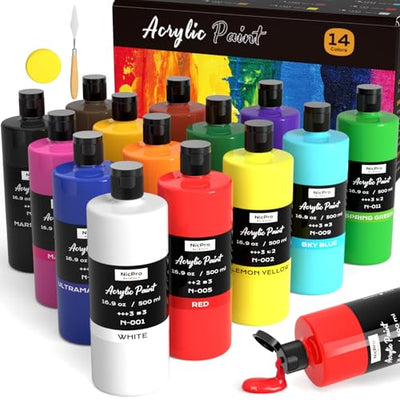 Nicpro 14 Colors Large Bulk Acrylic Paint Set (16.9 oz, 500 ml) Non Toxic Art Painting Supplies for Multi Surface Fabric Canvas Wood Leather Stone, Craft Paint for Kid & Adult with Color Wheel
