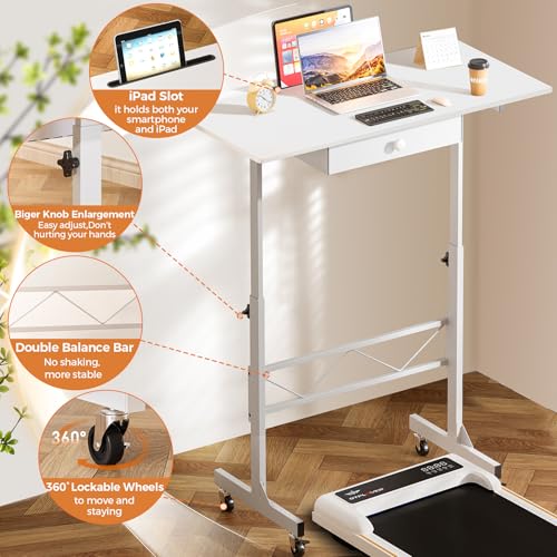COMHOMA Small Standing Desk Adjustable Height Small Computer Desk Mobile Portable Rolling Laptop Table with Wheels 32" Computer Workstation Sit Stand Desks Portable Standing Table Treadmill desks COMHOMA