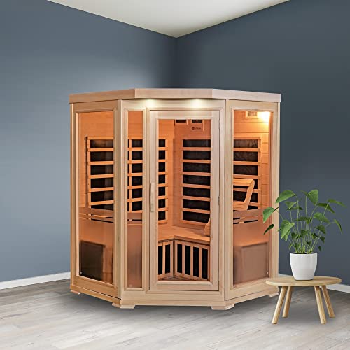 Heat Wave 3 Person Sauna Corner Fitting Infrared FIR FAR 7 Carbon Heaters Hemlock Wood MP3 Player 2 Speakers Color Therapy Light LED Control Panel Heat Wave