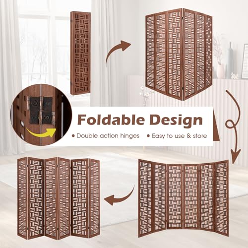 Giantex 6 Panels Room Divider - Folding Room Dividers with Carved Cutout Pattern & Solid Wood Frame, Fully Assembled, 5.5FT Antique Partition Privacy Screen Wall Divider for Room Separation, Brown Giantex