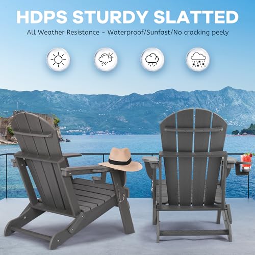 Folding Adirondack Chair, Patio Chair with Cup Holder, Wood Texture Fire Pit Chair, Heavy Duty HDPE Weather Resistant for Outdoor Lawn Porch Garden Backyard Deck (Grey) Rengue