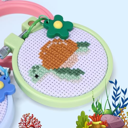 Caydo 6 Pieces Sea Animal Cross Stitch Kit for Kids with Stamped Aida Cloth, Embroidery Hoops, Keychains, Embroidery Tools and Instructions for Beginners DIY Craft Ornament
