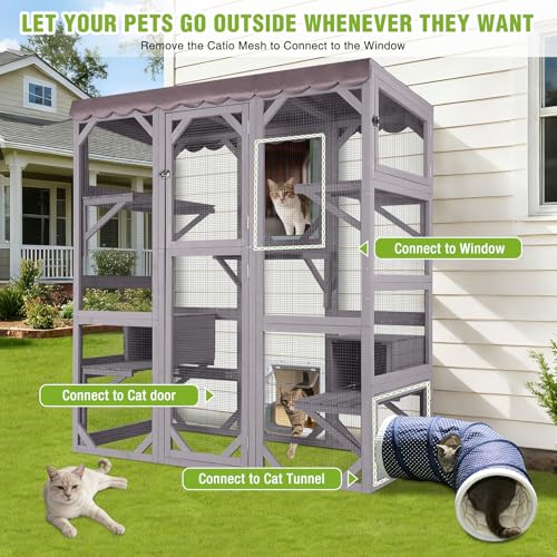 GUTINNEEN Catio Outdoor Cat Enclosure 70" Large Wooden Cat House Walk-in Cat Cage Kitty Shlter Playpen with 7 Platforms, 2 Resting Boxes, Waterproof Cover for 2-6 Cats (Grey) GUTINNEEN