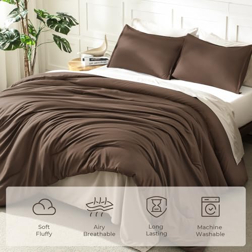 Litanika Brown Comforter Set Twin/Twin XL Size, 2 Pieces Lightweight Solid Bedding Comforter Set, All Season Fluffy Bed Set (66x90In Comforter & 1 Pillowcase)
