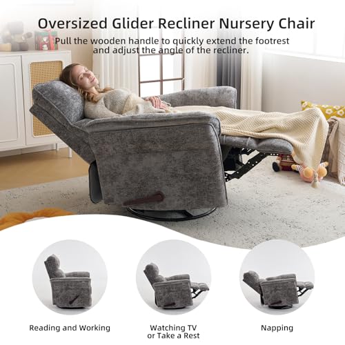 Rhevoy Oversized Glider Rocker Recliner, 26" Extra Wide 360° Swivel Nursery Recliner with Adjustable Headrest, Chenille Rocking Nursery Chair with Overstuffed Armrest, Lumbar Support, Dark Grey