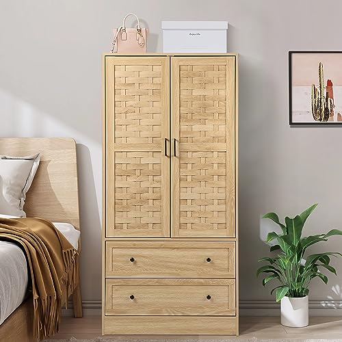 LEVNARY Armoire Wardrobe Closet with 2 Woven Doors, Wardrobe Cabinet with 2 Storage Drawers and Hanging Rail, Freestanding Wooden Closet for Bedroom (Natural) LEVNARY